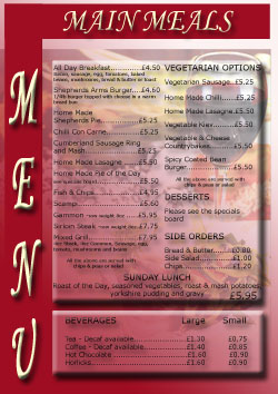 Shepherds Arms Main Menu - Click on the image for a larger picture